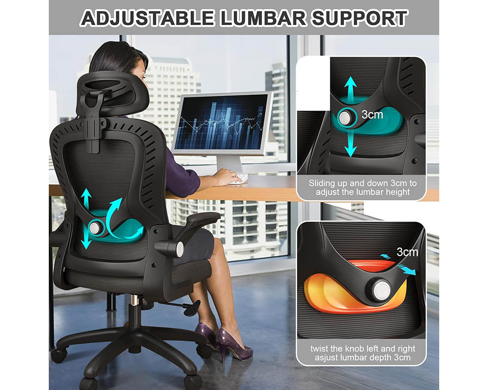 Office Chair with Lumbar Support, Armrests, Adjustable Headrest – High Back Swivel Computer Chair for Home Office (Black)