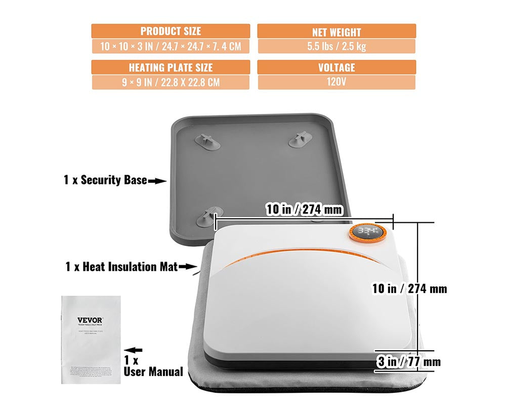 Heat Press Machine 9" x 9" - Portable Mini Press with Timer Function Insulated Base for Heat Transfer Projects