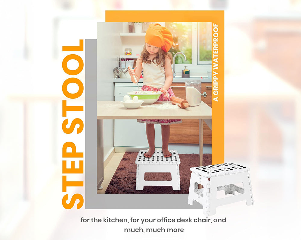 Home Foldable Stool for Kids and Adults – White Plastic Step Stool (28cm Wide, 20cm Tall)