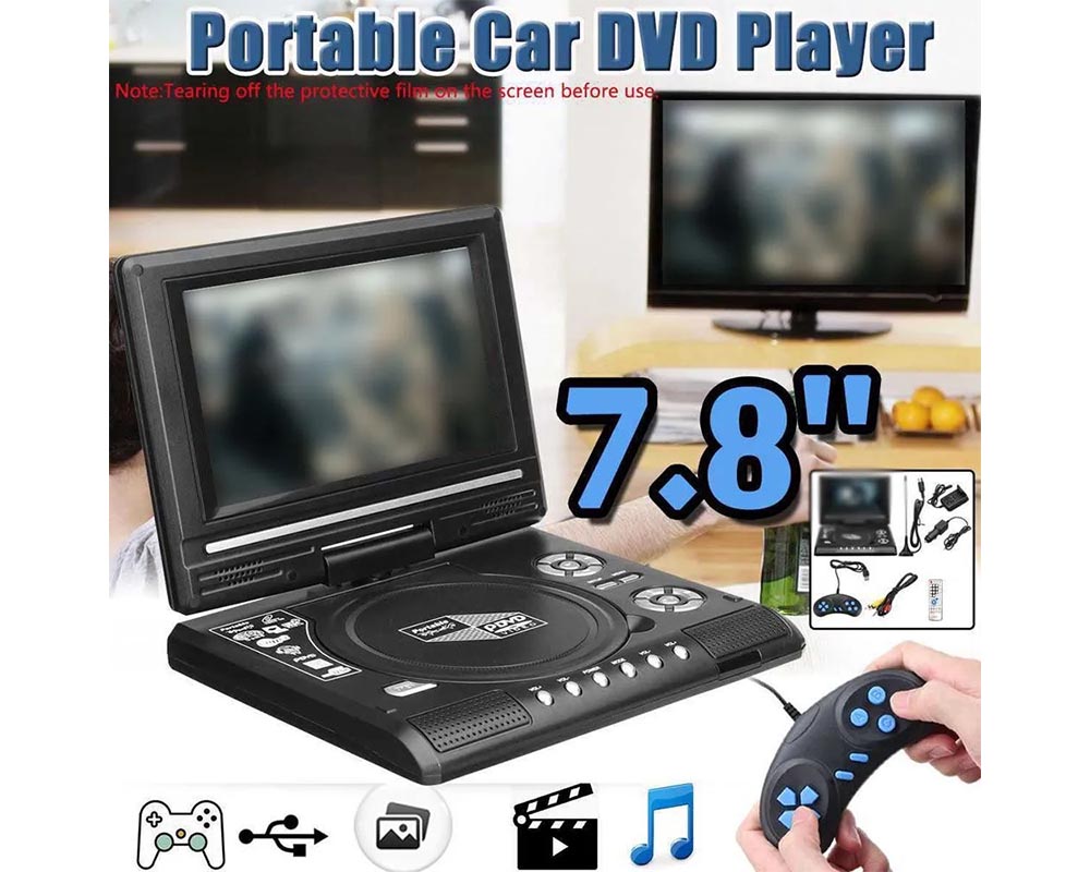 Portable DVD Player 7.8 Inch HD TV Home & Car DVD Player with USB, FM, Game Function