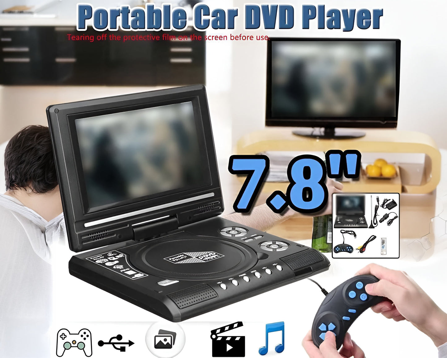 DVD Player Portable DVD Player 7.8 Inch Car DVD Player with TV USB FM Radio