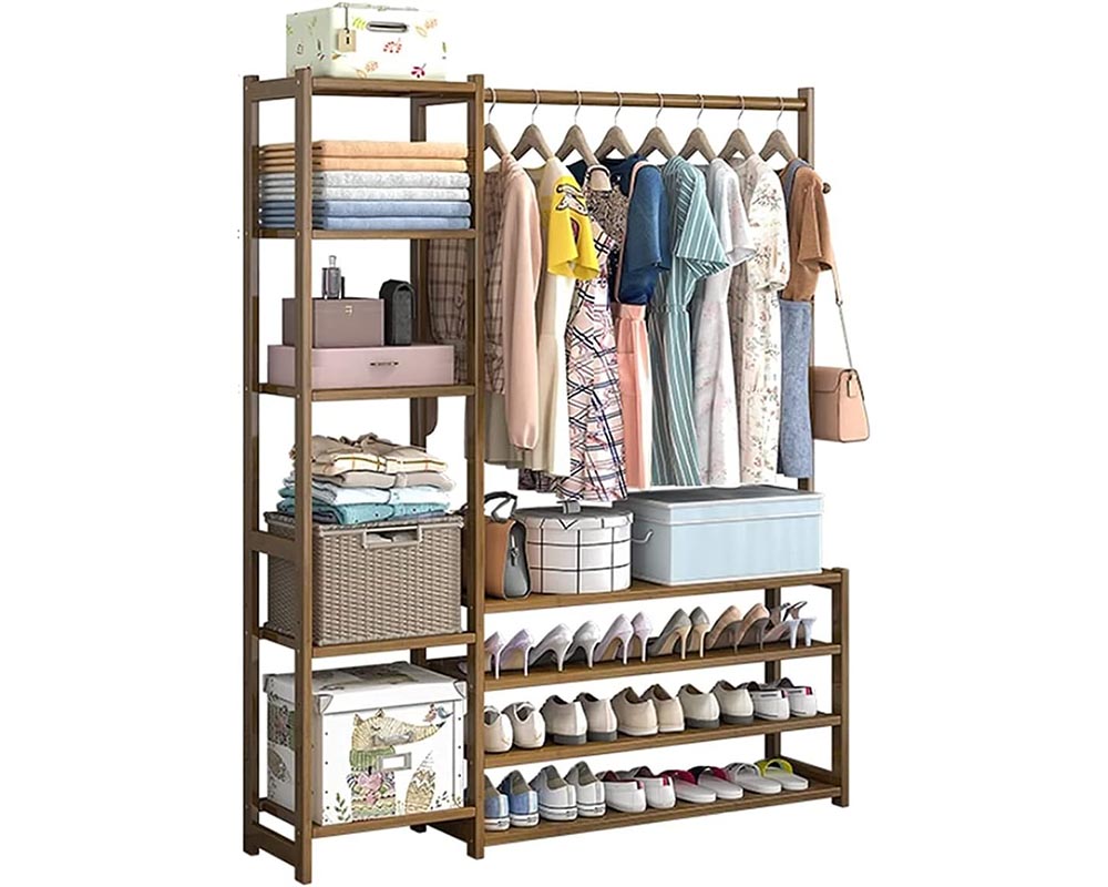 Bamboo Wardrobe Clothes Rack – Freestanding Closet Organizer with Storage Shelves & Shoe Racks (80CM)