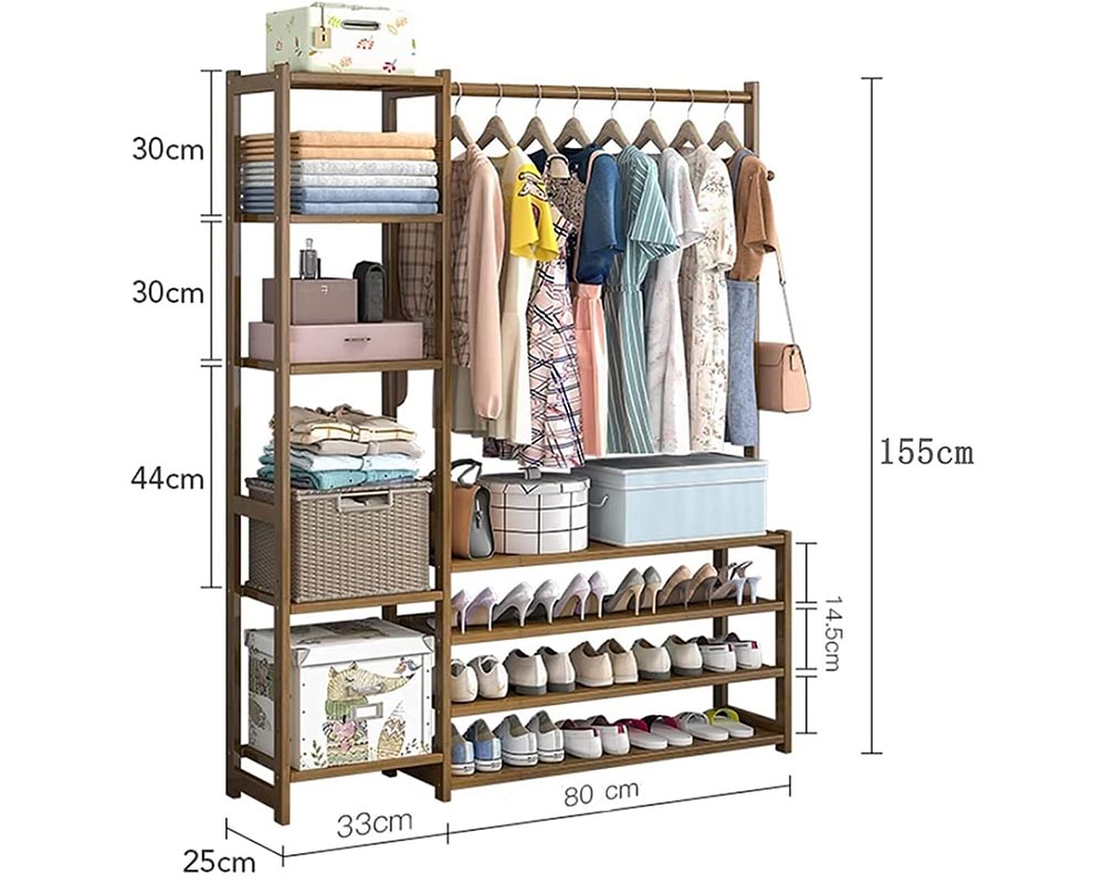 Bamboo Wardrobe Clothes Rack – Freestanding Closet Organizer with Storage Shelves & Shoe Racks (80CM)