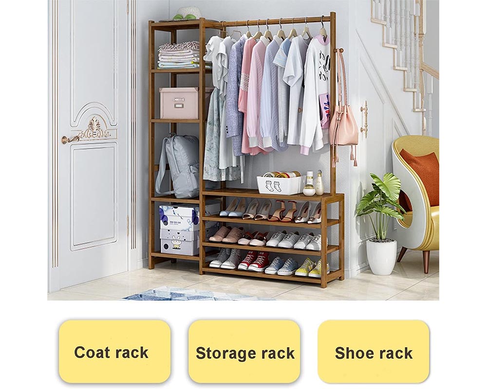 Bamboo Wardrobe Clothes Rack – Freestanding Closet Organizer with Storage Shelves & Shoe Racks (80CM)
