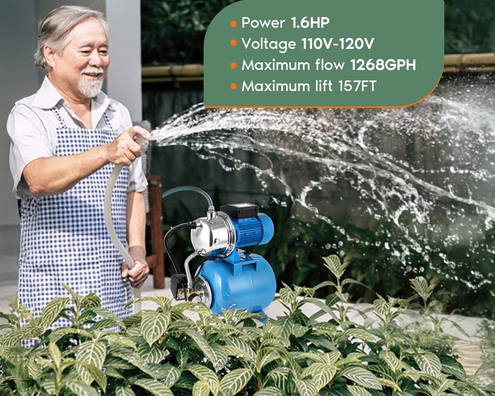 1.6HP Automatic Water Booster Shallow Well Pump with Pressure Tank – Stainless Steel Jet Pump for Home, Garden & Lawn
