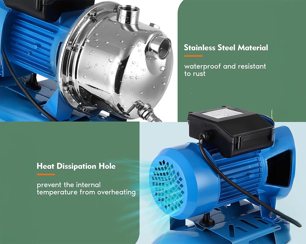 1.6HP Automatic Water Booster Shallow Well Pump with Pressure Tank – Stainless Steel Jet Pump for Home, Garden & Lawn