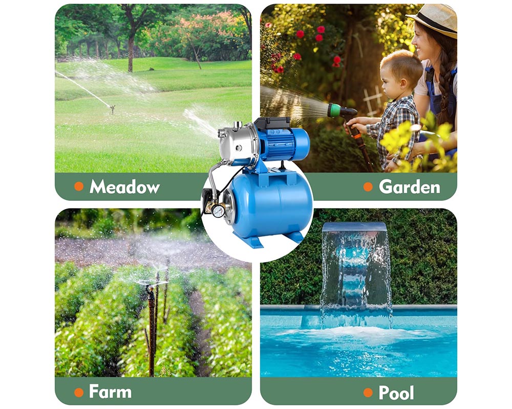 1HP Automatic Water Booster Shallow Well Pump with Pressure Tank – Stainless Steel Jet Pump for Home, Garden & Lawn