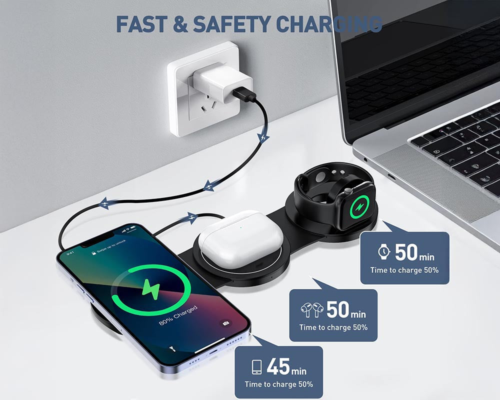 Magnetic Wireless Charger - 3-in-1 Charging Station for Apple Devices Compitable