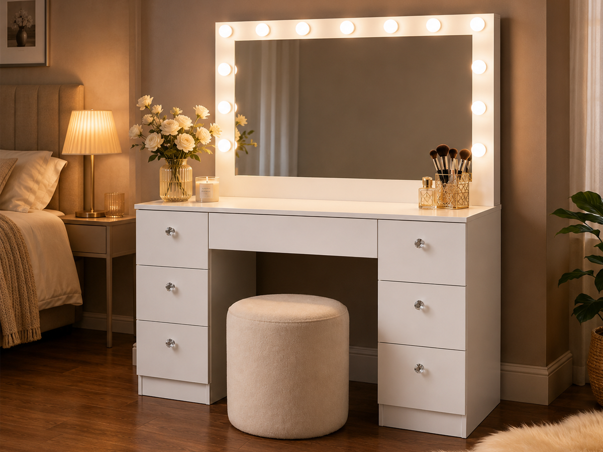 CURA Vanity Dressing Table with Mirror & Lights – Makeup Table with Storage