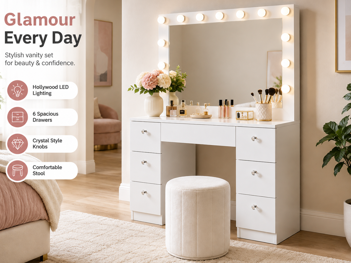CURA Vanity Dressing Table with Mirror & Lights – Makeup Table with Storage