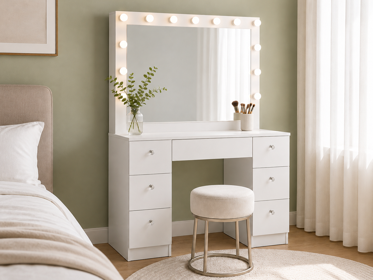 CURA Vanity Dressing Table with Mirror & Lights – Makeup Table with Storage