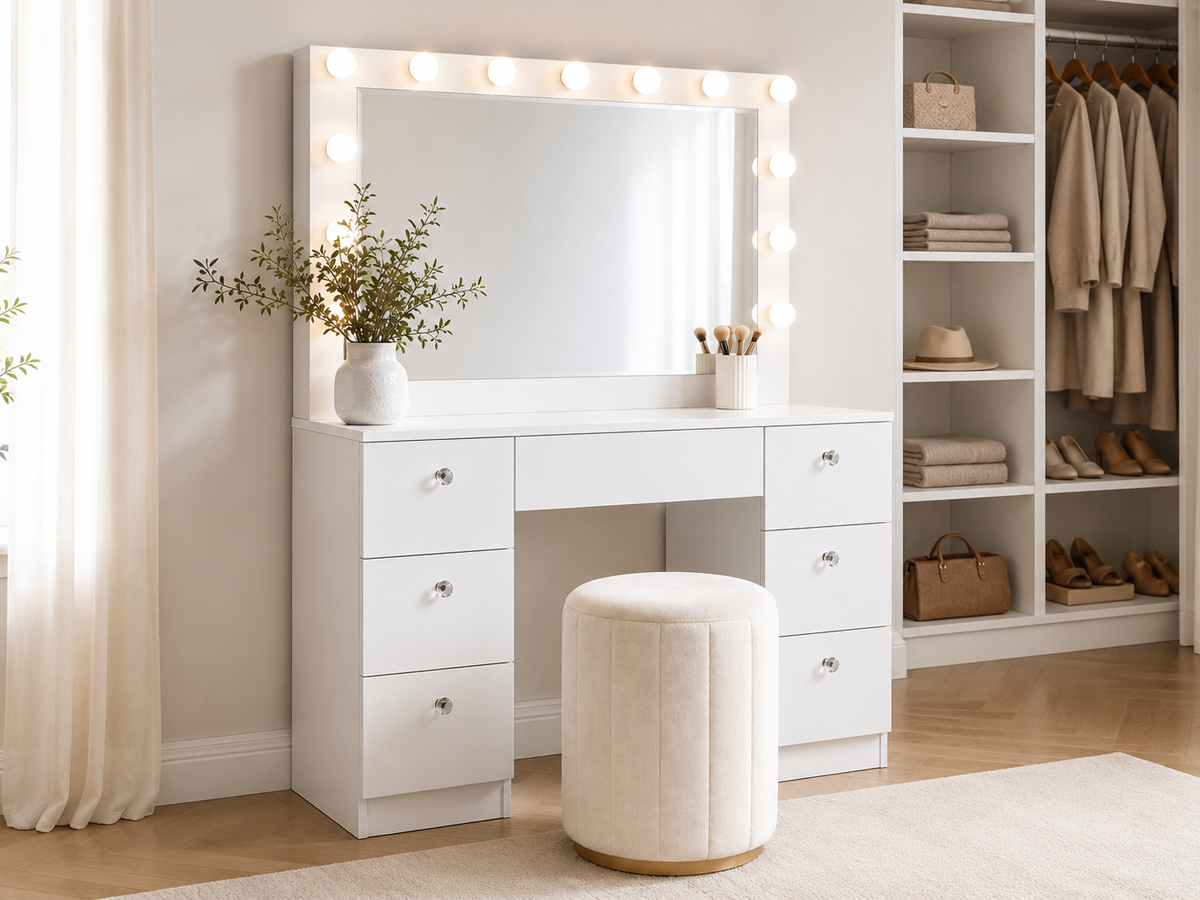CURA Vanity Dressing Table with Mirror & Lights – Makeup Table with Storage