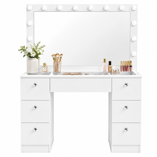CURA Vanity Dressing Table with Mirror & Lights – Makeup Table with Storage