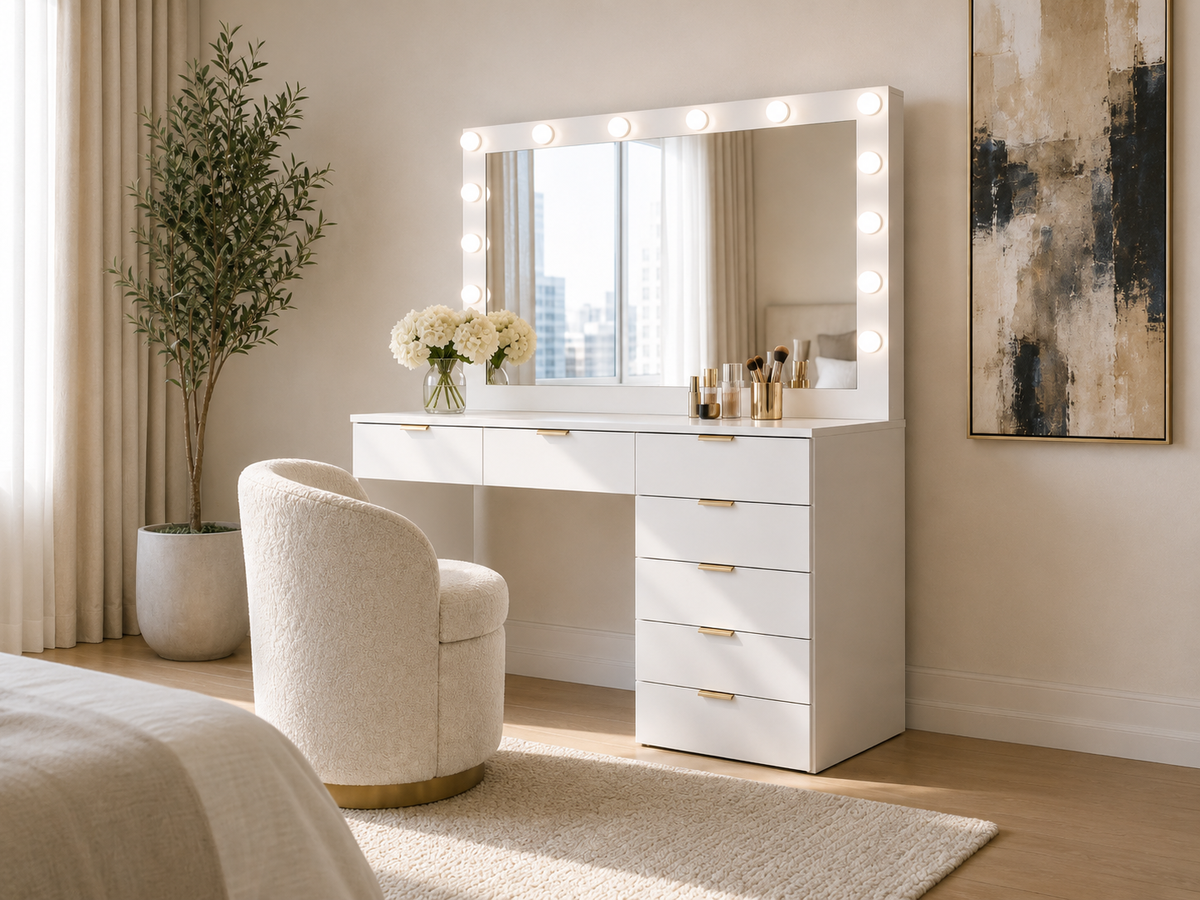 CURA Vanity Dressing Table with HD Mirror, Hollywood Lights & Charging Station