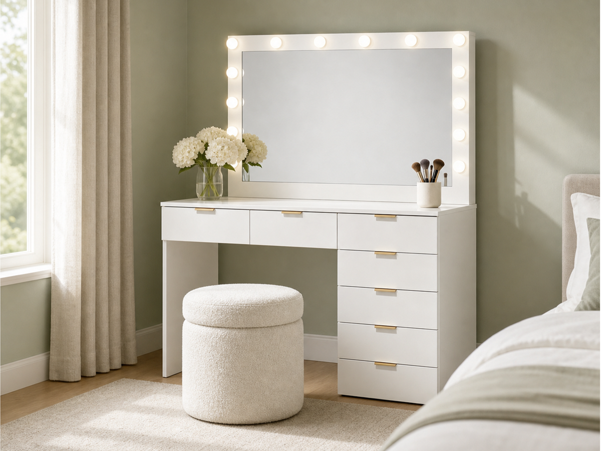 CURA Vanity Dressing Table with HD Mirror, Hollywood Lights & Charging Station