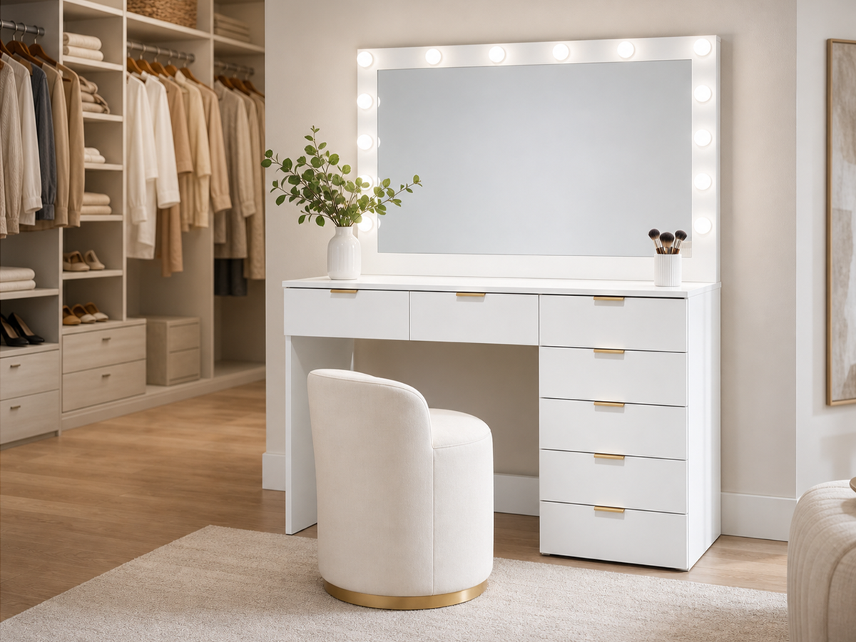 CURA Vanity Dressing Table with HD Mirror, Hollywood Lights & Charging Station