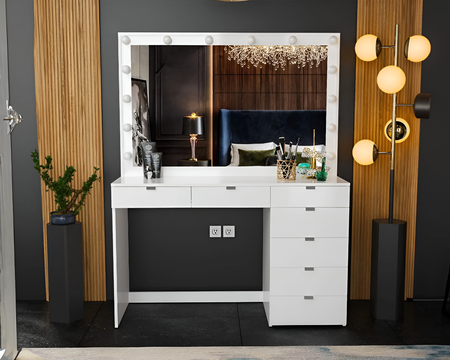 CURA Vanity Dressing Table with HD Mirror, Hollywood Lights & Charging Station