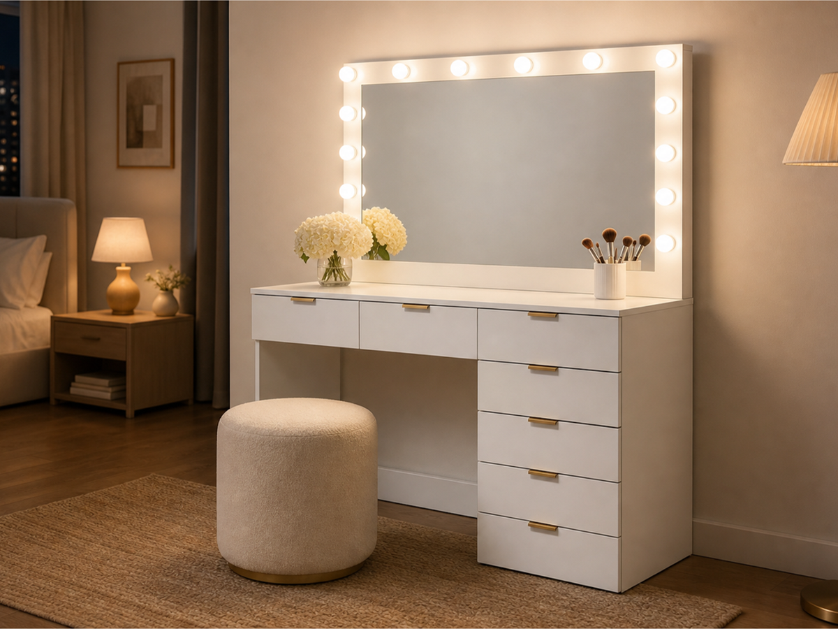 CURA Vanity Dressing Table with HD Mirror, Hollywood Lights & Charging Station