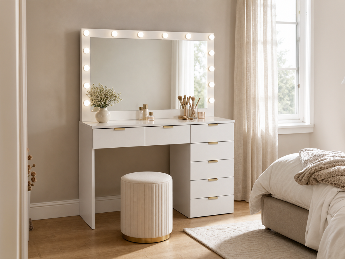 CURA Vanity Dressing Table with HD Mirror, Hollywood Lights & Charging Station