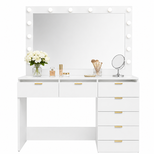 CURA Vanity Dressing Table with HD Mirror, Hollywood Lights & Charging Station