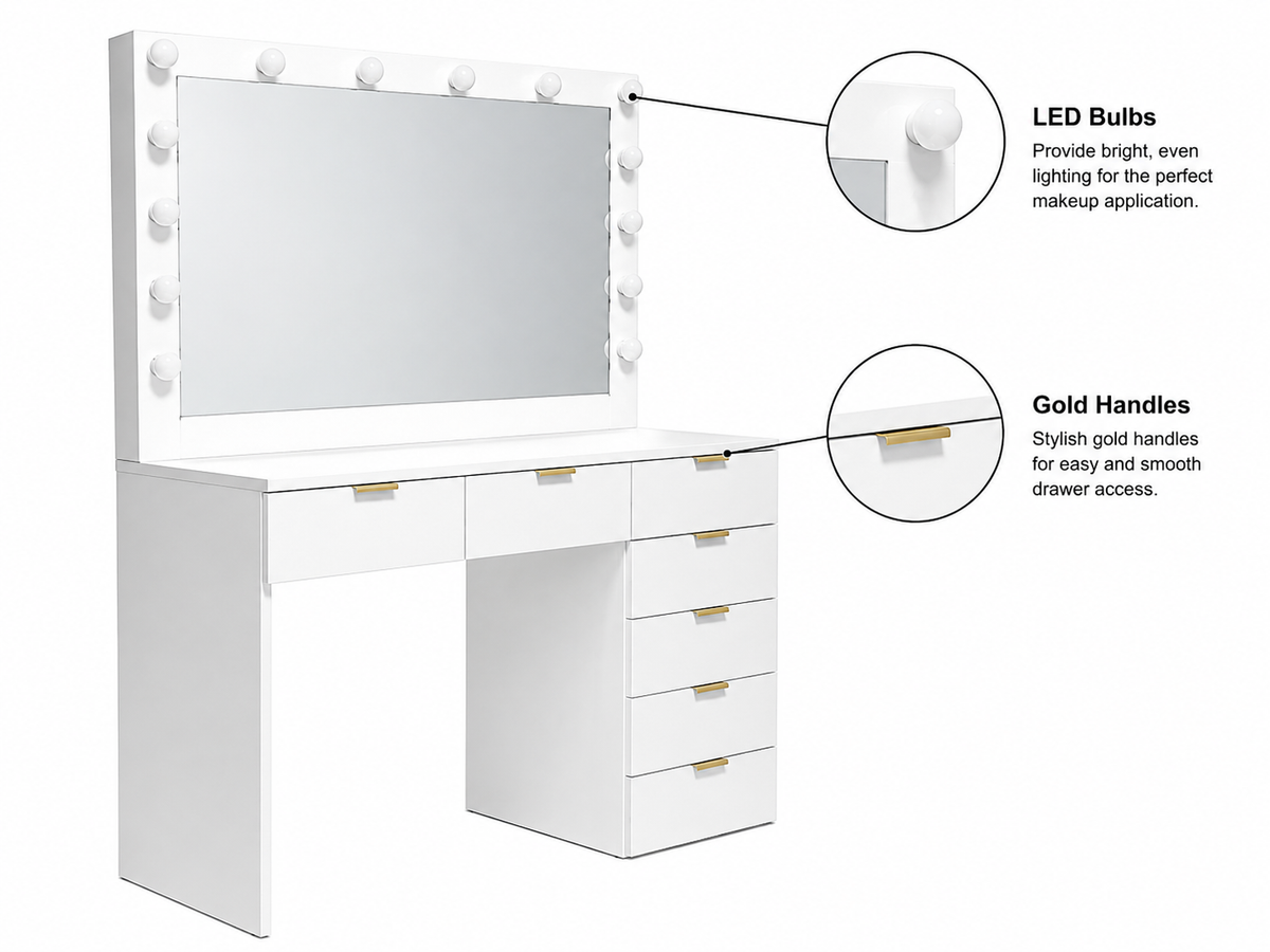 CURA Vanity Dressing Table with HD Mirror, Hollywood Lights & Charging Station