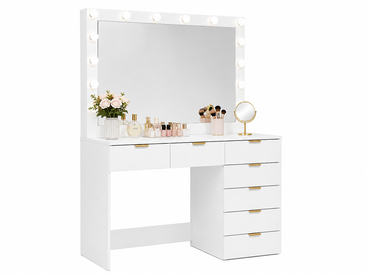 CURA Vanity Dressing Table with HD Mirror, Hollywood Lights & Charging Station