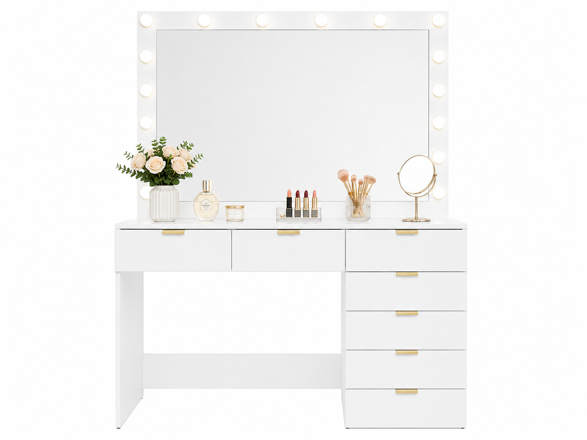 CURA Vanity Dressing Table with HD Mirror, Hollywood Lights & Charging Station