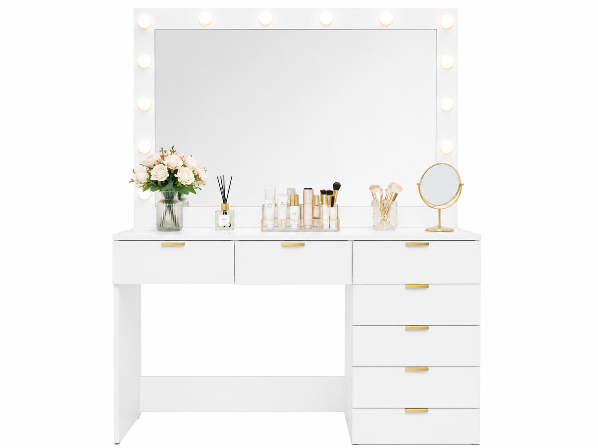 CURA Vanity Dressing Table with HD Mirror, Hollywood Lights & Charging Station