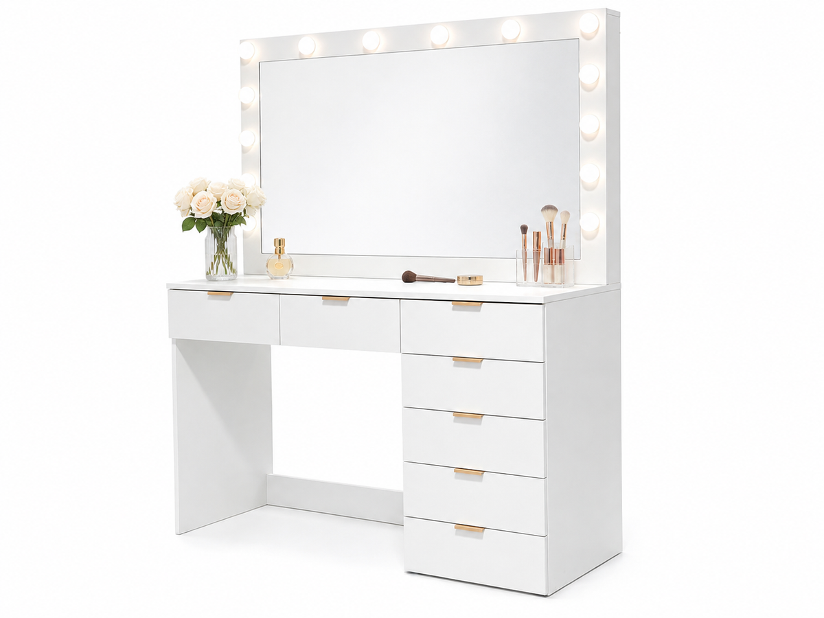 CURA Vanity Dressing Table with HD Mirror, Hollywood Lights & Charging Station
