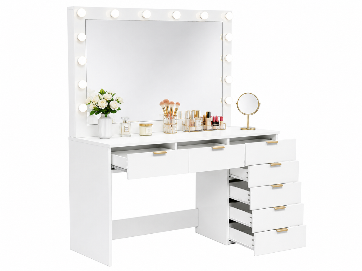 CURA Vanity Dressing Table with HD Mirror, Hollywood Lights & Charging Station