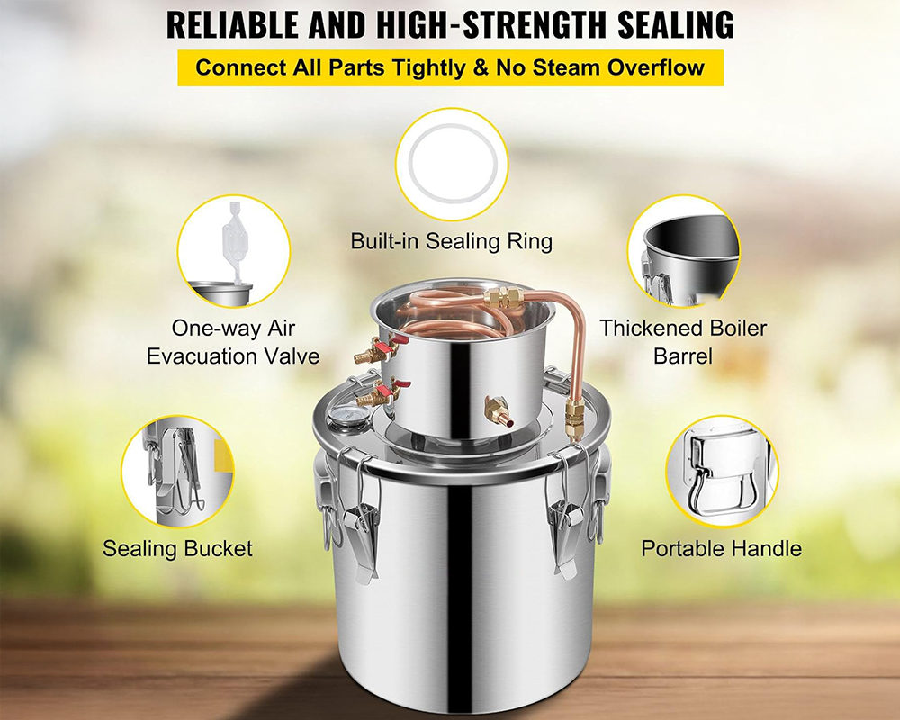 10 Gal (38L) Stainless Steel Alcohol Distiller with Copper Coil - Home Brewing Kit for DIY Whiskey, Wine, and Brandy Production