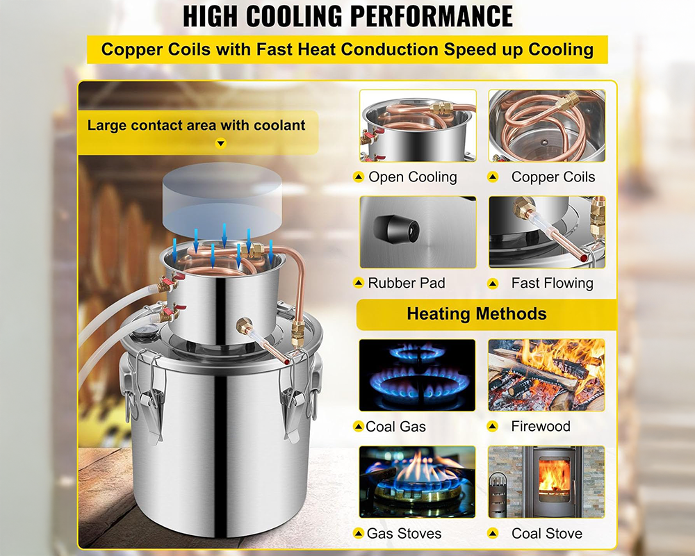 10 Gal (38L) Stainless Steel Alcohol Distiller with Copper Coil - Home Brewing Kit for DIY Whiskey, Wine, and Brandy Production