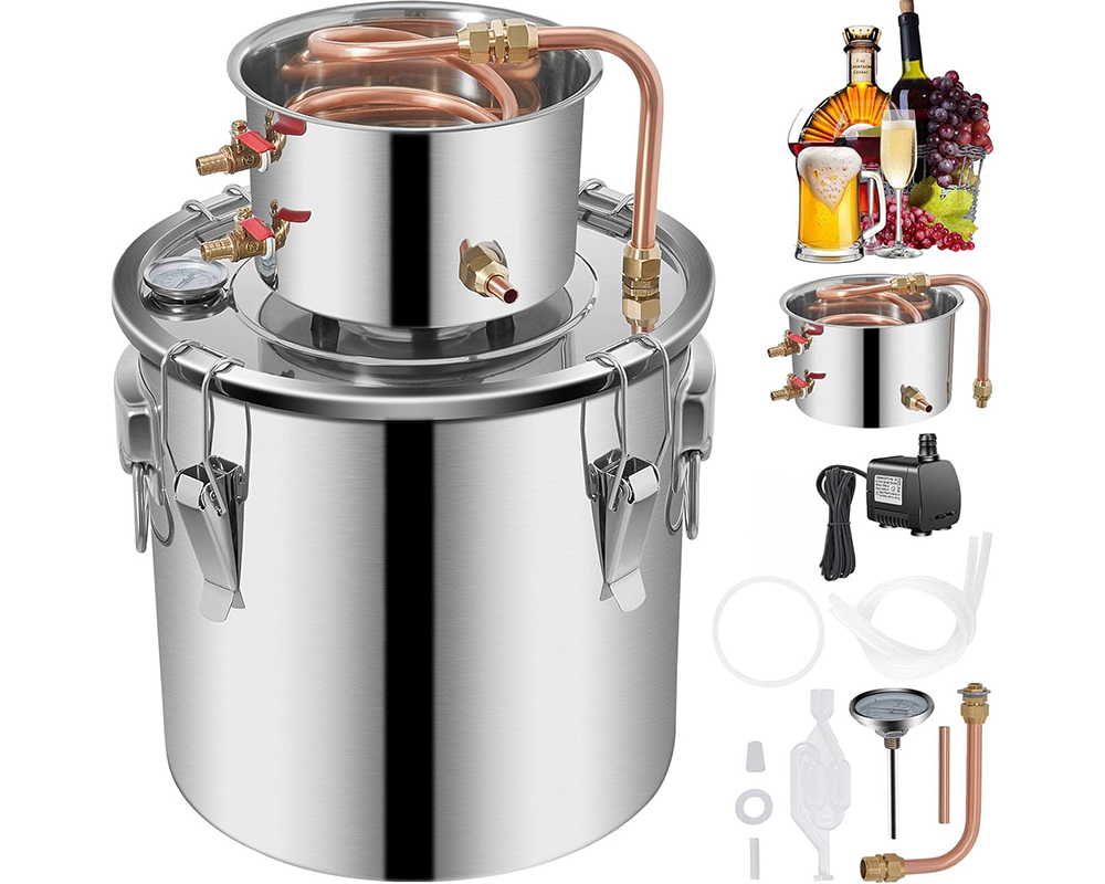 10 Gal (38L) Stainless Steel Alcohol Distiller with Copper Coil - Home Brewing Kit for DIY Whiskey, Wine, and Brandy Production