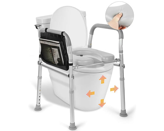 Raised Toilet Seat with Handles Adjustable & Padded Toilet Riser for Seniors, Handicap & Pregnancy Support, with Non-Slip Safety Rails and Storage Pouch