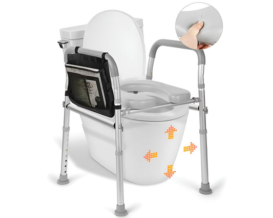 Raised Toilet Seat with Handles Adjustable & Padded Toilet Riser for Seniors, Handicap & Pregnancy Support, with Non-Slip Safety Rails and Storage Pouch