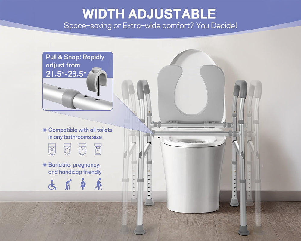 Raised Toilet Seat with Handles Adjustable & Padded Toilet Riser for Seniors, Handicap & Pregnancy Support, with Non-Slip Safety Rails and Storage Pouch