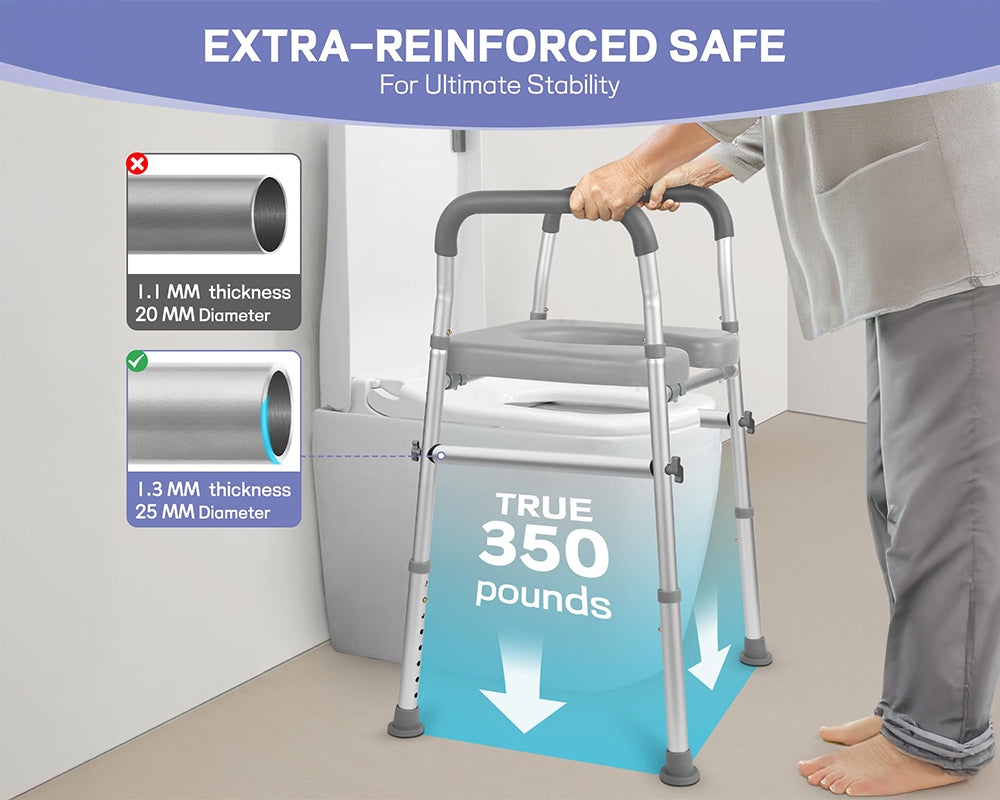 Raised Toilet Seat with Handles Adjustable & Padded Toilet Riser for Seniors, Handicap & Pregnancy Support, with Non-Slip Safety Rails and Storage Pouch