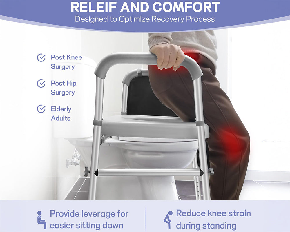 Raised Toilet Seat with Handles Adjustable & Padded Toilet Riser for Seniors, Handicap & Pregnancy Support, with Non-Slip Safety Rails and Storage Pouch