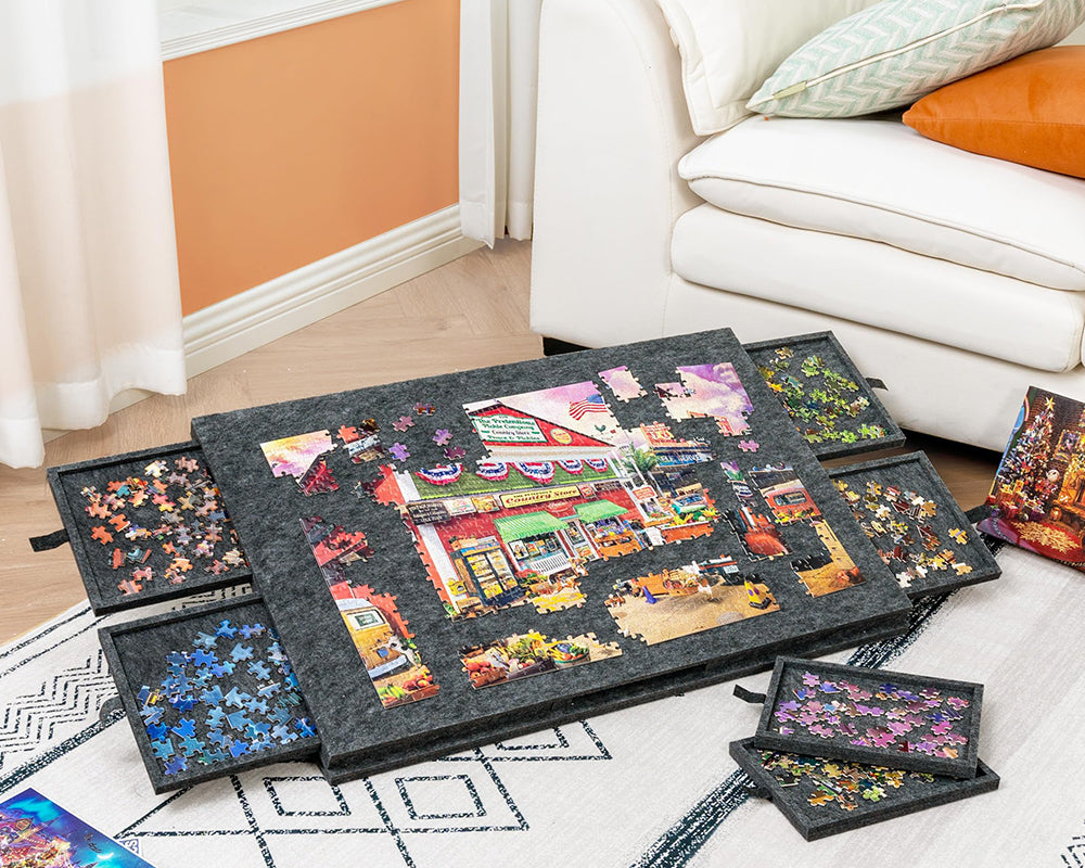 Tilting Portable Jigsaw Puzzle Table with 2 in 1 Stand & Cover Lightweight Felt Puzzle Board with 6 Drawers