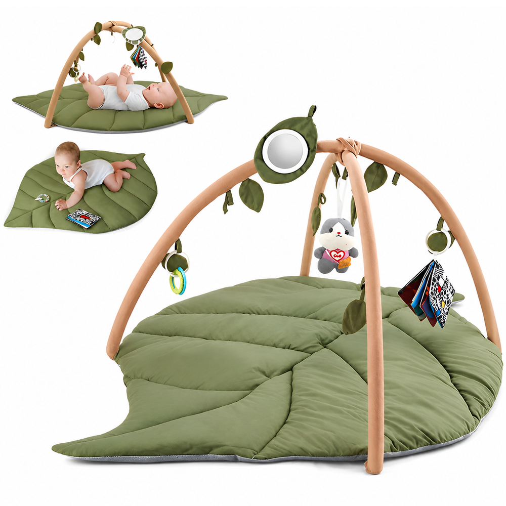 Baby Play Gym & Activity Mat Oversized Leaf Shaped Tummy Time Mat with 6 Detachable Toys