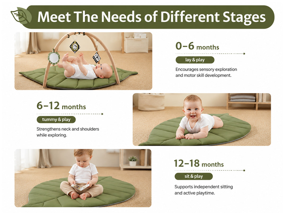 Baby Play Gym & Activity Mat Oversized Leaf Shaped Tummy Time Mat with 6 Detachable Toys