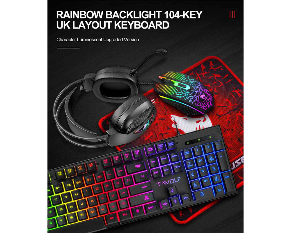 Gaming Keyboard and Mouse Combo with Headset and Mouse Pad 4 in 1 RGB Backlit Set