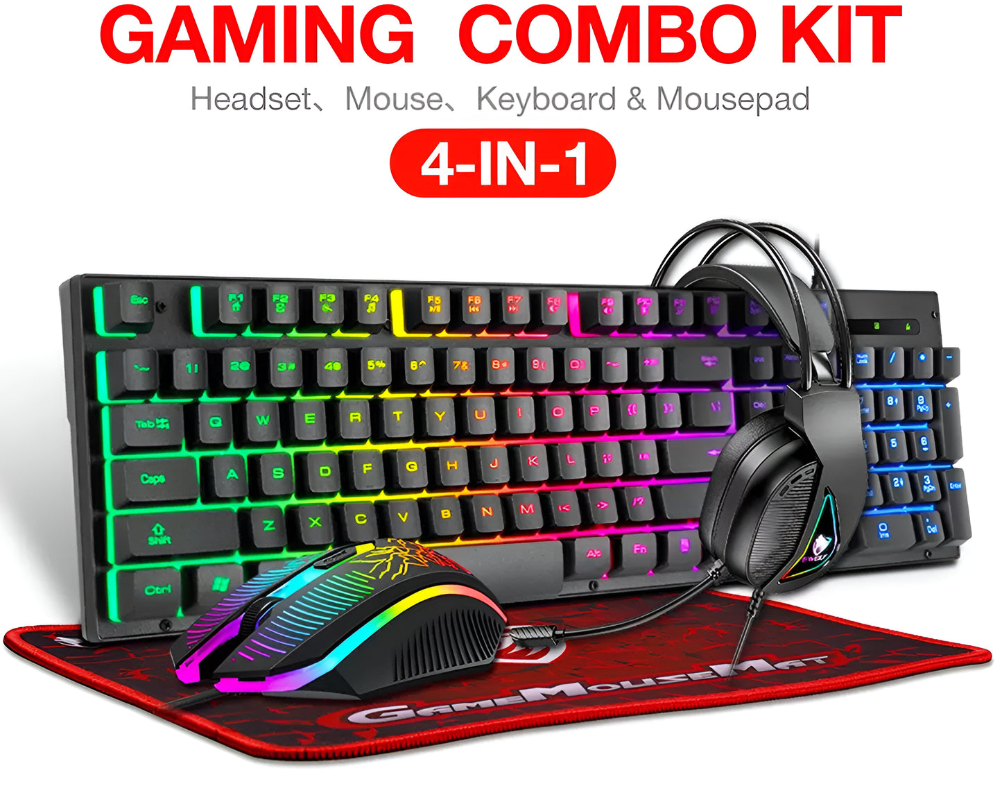 Gaming Keyboard and Mouse Combo with Headset and Mouse Pad 4 in 1 RGB Backlit Set