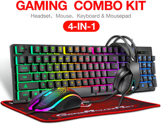 Gaming Keyboard and Mouse Combo with Headset and Mouse Pad 4 in 1 RGB Backlit Set