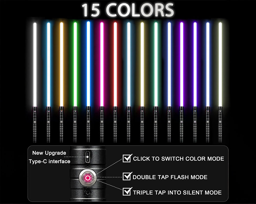 RGB Alloy Handle Light sabers with 15 Colors, 4 Modes & USB Rechargeable Design