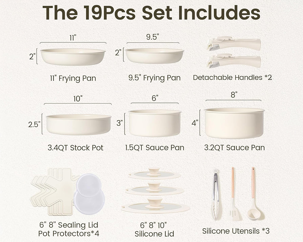 Ceramic Cookware Set Non Toxic with Detachable Handles 19 Pcs