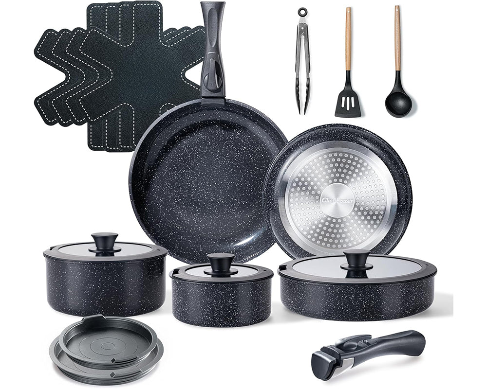 Ceramic Cookware Set Non Toxic with Detachable Handles 19 Pcs