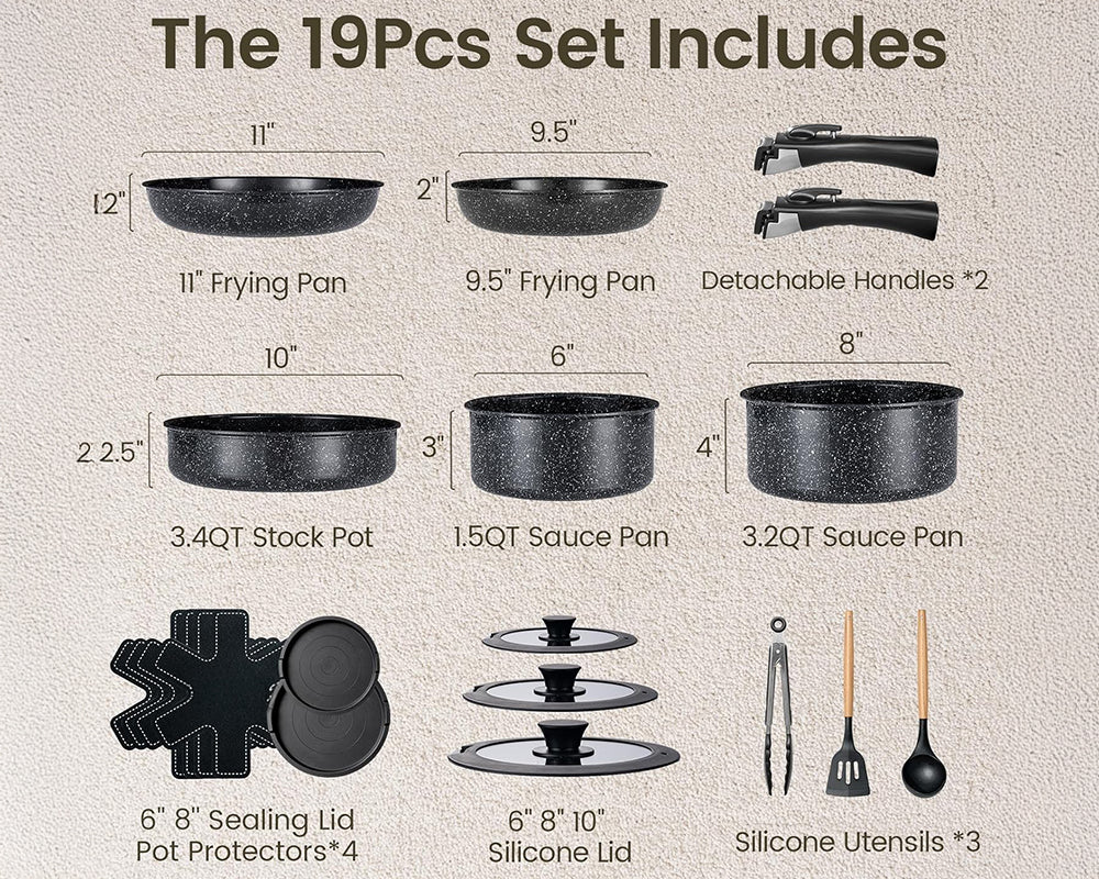 Ceramic Cookware Set Non Toxic with Detachable Handles 19 Pcs