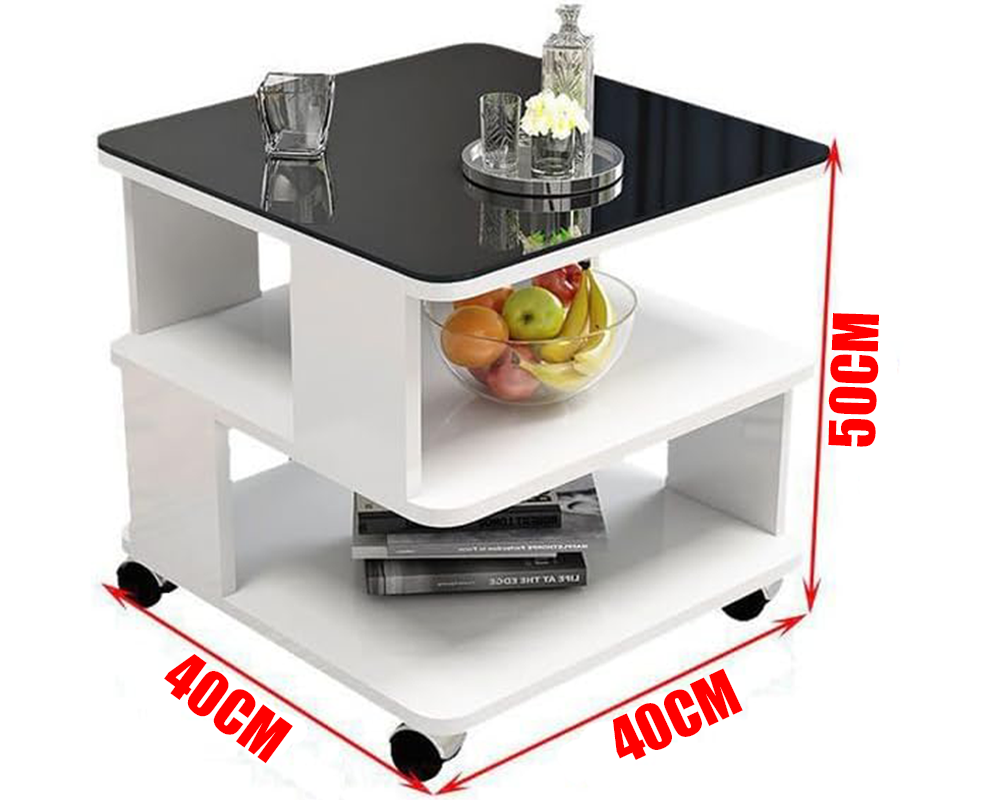 Coffee Table with Storage – 3-Tier Coffee Table with Wheels & Tempered Glass Top (White)