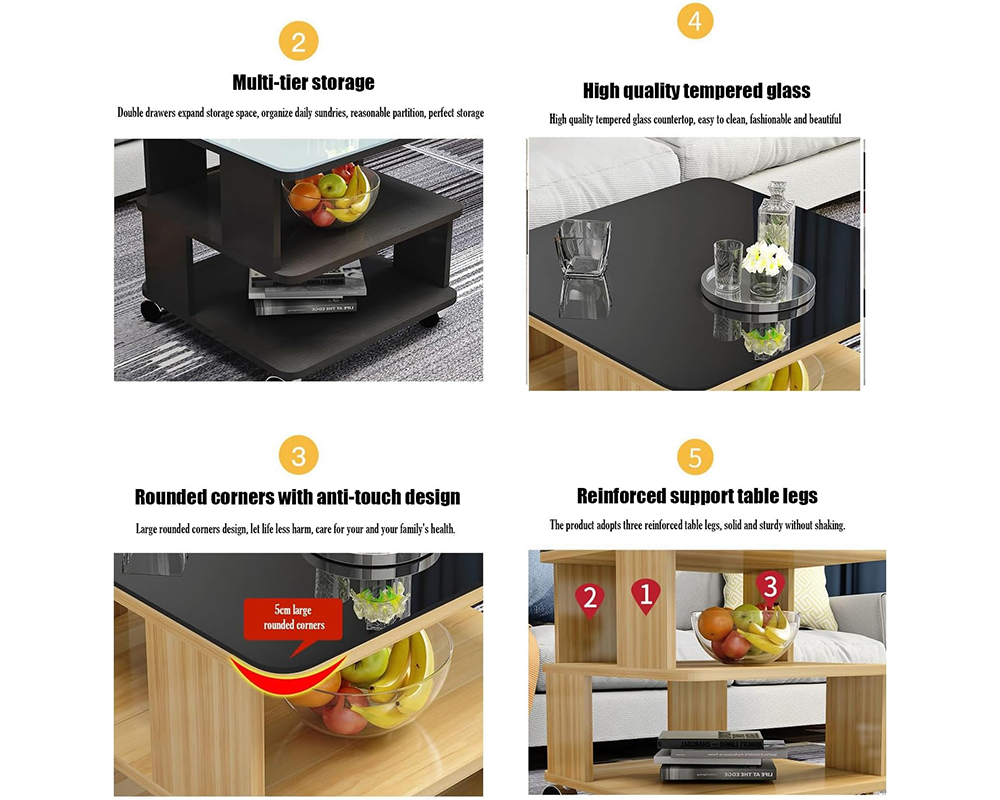 Coffee Table with Storage – 3-Tier Coffee Table with Wheels & Tempered Glass Top (White)